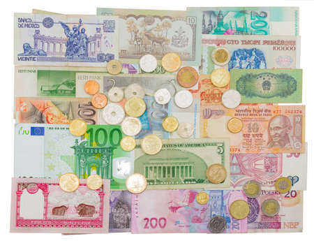 Banknotes and coins of different countries that are in circulation now, and those that were earlier in circulationの写真素材