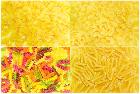 Set of backgrounds of several uncooked pasta different varieties, shapes and colorsの写真素材