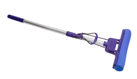 Blue plastic mop with aluminium handle, mounting clamp and a sponge on a light backgroundの写真素材