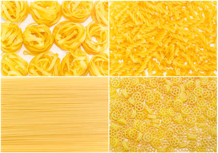 Set of backgrounds of several uncooked pasta different varieties and shapesの写真素材