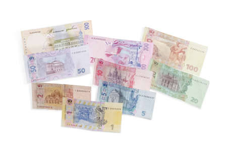 Reverse of modern banknotes of Ukrainian hryvnia different denominations on a light background