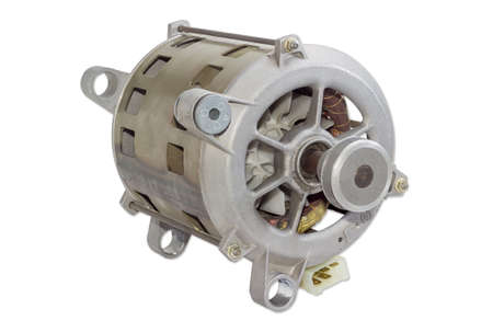 Single phase induction motor with pulley for belt drive for household appliances on a light backgroundの写真素材