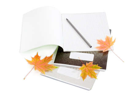 Open the first page school exercise book with sheets of squared paper, pencil, other exercise books and several yellowed maple leaves on a light backgroundの写真素材