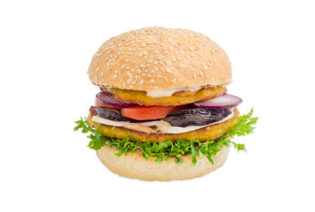 Vegetarian burger with filling of two lentil patties, lettuce, tomato, onion, eggplant, mushrooms and condiments on a light backgroundの写真素材