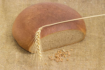 Partly cut round loaf of wheat and rye hearth bread, wheat spike and wheat grain on a sackclothの写真素材
