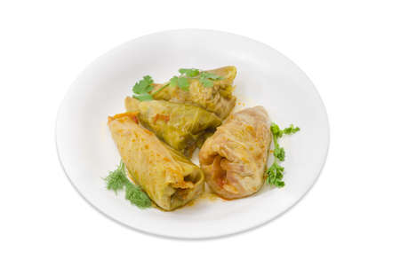 Several cooked cabbage rolls, twigs of parsley, dill and cilantro on white dish on a light backgroundの写真素材