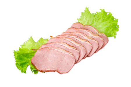 Sliced smoked pork loin on a lettuce leaves on a light backgroundの写真素材