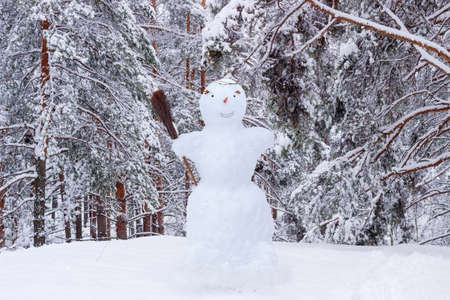 Snowman with broom in the glade on the background of snow-covered pine forestの写真素材