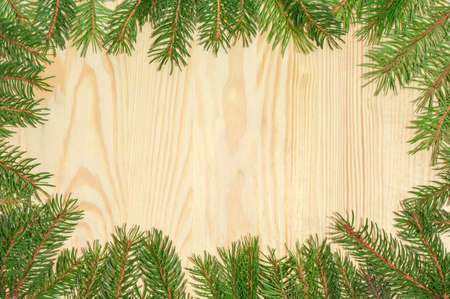 Background of wooden surface made of the light spruce planks and fir branches on the perimeter