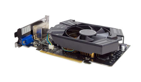Graphics card equipped with heat sink with fan on a light background