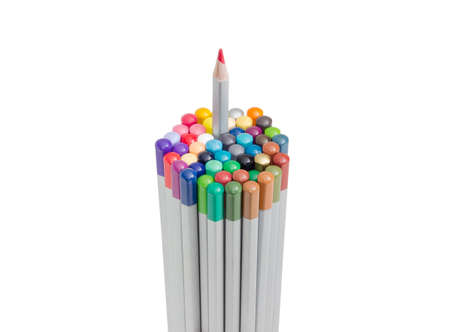 Bunch of colored pencils in gray wooden case with one red pencil partly pull out on a light backgroundの写真素材