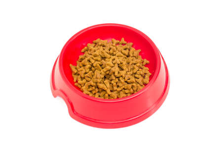 Pelleted dry cat food in a red plastic bowl on a light backgroundの写真素材