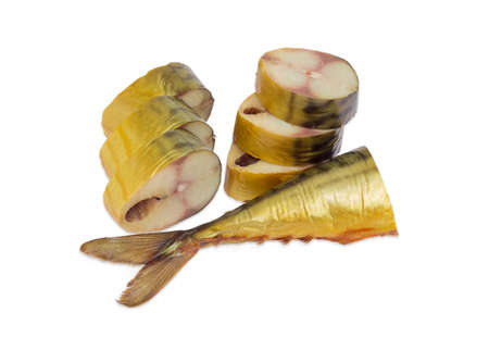 Several slices of a cold-smoked Atlantic mackerel on a light backgroundの写真素材