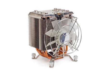 Active CPU cooler with large finned heatsink, fan, copper heat pipes and thermal pad on a light...