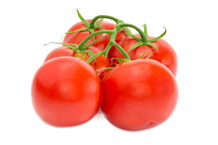 Branch with the several ripe red tomatoes closeup on a light backgroundの写真素材