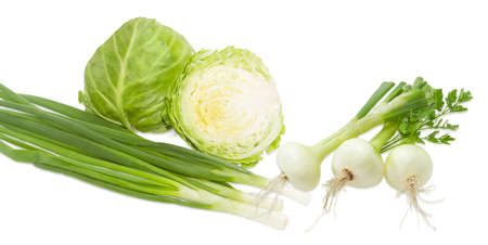 One whole head of the young fresh white cabbage and cabbage head cut in half, stalks of the green onion and young bulb onions with part of the stems and roots, parsley twig on a light background
の写真素材