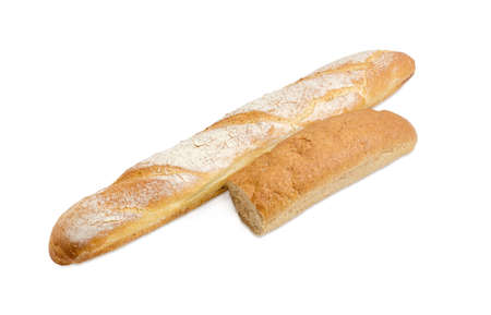 One whole fresh baguette and half loaf of the long bread with bran closeup on a light backgroundの写真素材