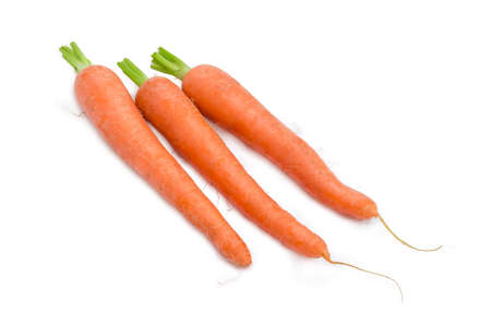 Three whole fresh young washed carrots on a light backgroundの写真素材