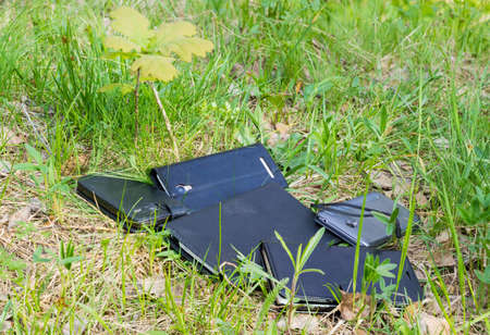 Several different smartphones in the leather and plastic covers among the grass in forestの写真素材