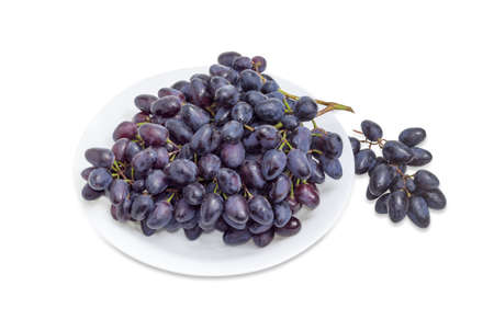 Big cluster of the ripe dark blue table grapes on a white dish and small grape cluster beside on a white backgroundの写真素材