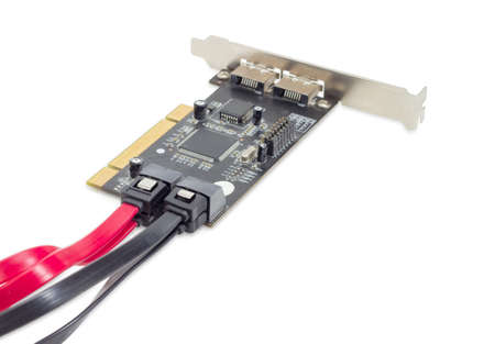 Disk array controller card with connected different data cables on a white background