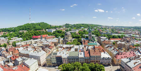 Panorama of eastern side of the Rynok Square and east part of Old Town from the tower of city town hall in Lviv, Ukraineの写真素材