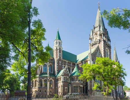 North and east facades of the neo-gothic Church of Sts. Olha and Elizabeth built in the early 20th century in Lviv, Ukraineの写真素材