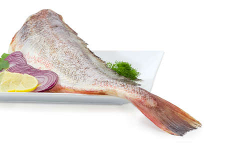 Fragment of the large square dish with uncooked red cod, sliced lemon and red onion, dill at shallow...