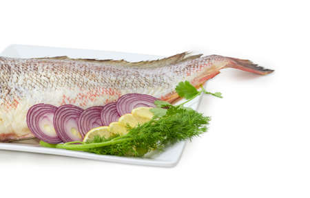 Fragment of the large square dish with uncooked red cod, sliced lemon and red onion, twigs of the...