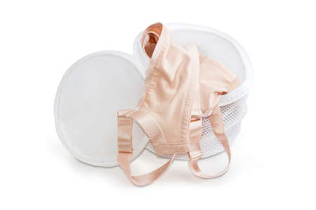 Special mesh bag with zipper for washing bras and other small clothing and accessories and bra in it on a white background
の写真素材
