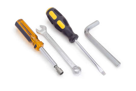 Nut driver, chrome-plated combination wrench open at one end and ring at the other, screwdriver with...
