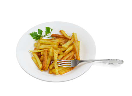 French fries and twig of parsley on the white dish and fork of stainless steel on a light backgroundの写真素材