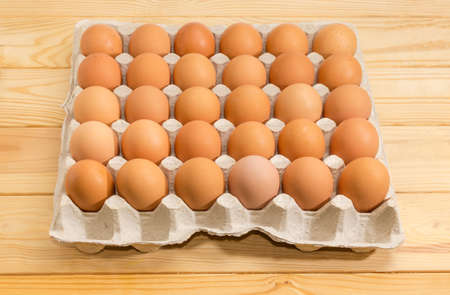 Brown chicken eggs in the large cardboard egg tray packaging for thirty eggs made of recycled paper...