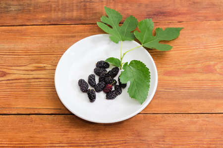 Black mulberry fruits on the white saucer and branch of mulberry tree beside on an old wooden rustic tableの写真素材