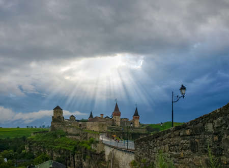 Kamianets-Podilskyi fortress, built in the 15th century. View of east side of fortress and Turkish castle bridge from canyon, Ukraineの写真素材