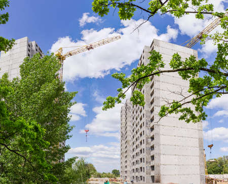 View of the construction of two multi story residential houses from precast concrete panels with building tower cranes across branches of treesの写真素材