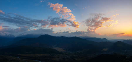 Panorama of part of the Annapurna mountain massif and Pokhara Valley from hill Sarangkot before...