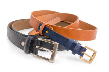Brown-black synthetic belt for women and black leather belt for men with conventional buckles with...