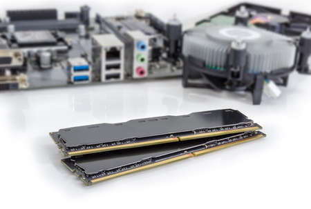 Two DDR4 SDRAM memory modules used in the desktop computers, workstations and servers at selective...