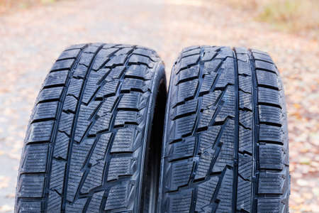 Fragment of the two car tires from the side of tread on blurred background of road covered with fallen leavesの写真素材