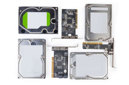 Top view of different used SATA hard disk drives for use in desktop computers and servers and disk...