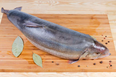 Whole carcass of the fresh uncooked arctic char on the bamboo cutting board with some spices on a...