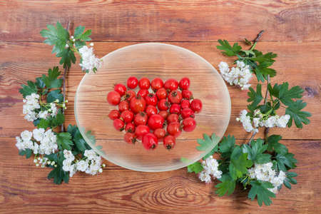 Ripe hawthorn fruits on the transparent glass saucer among flowering twigs of hawthorn plant on an old wooden surfaceの写真素材