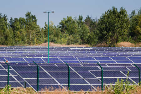 Fragment of the photovoltaic panels array of ground-mounted solar power station on a background of trees, close-up in selective focusの写真素材