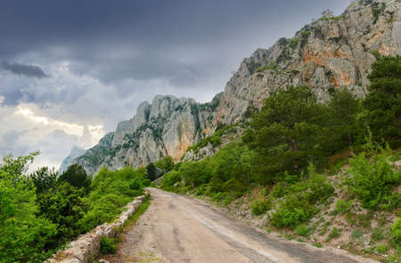 Section of the old mountain road in forest along the steep limestone cliffs in summer overcast dayの写真素材