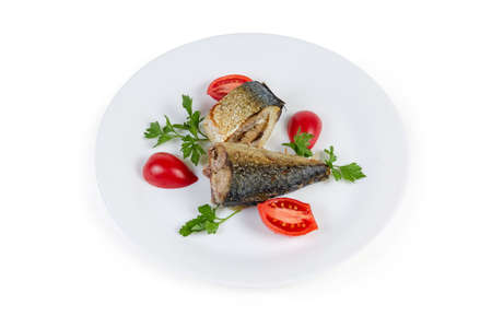 Baked slices of Atlantic mackerel, fresh cherry tomatoes and parsley twigs on white dish on a white backgroundの写真素材