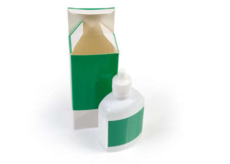 Small plastic bottle of antiseptic and his open cardboard box on a white background
の写真素材