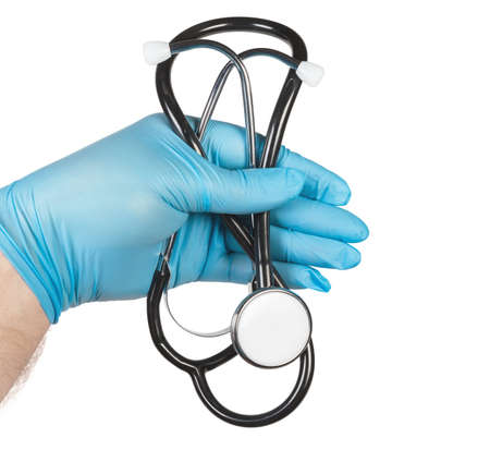 Modern stethoscope in men's hand dressed in the nitrile medical glove on a white background 
の写真素材