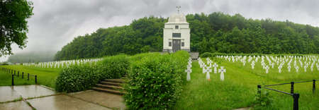 Military cemetery and memorial of ukrainian soldiers of 1st Galician Division who died in the World War II in battle of Brody. Panoramic view in summer rainy day, Lviv Oblast, Ukraineの写真素材