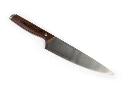 Kitchen stainless steel large chef's knife on a white backgroundの写真素材